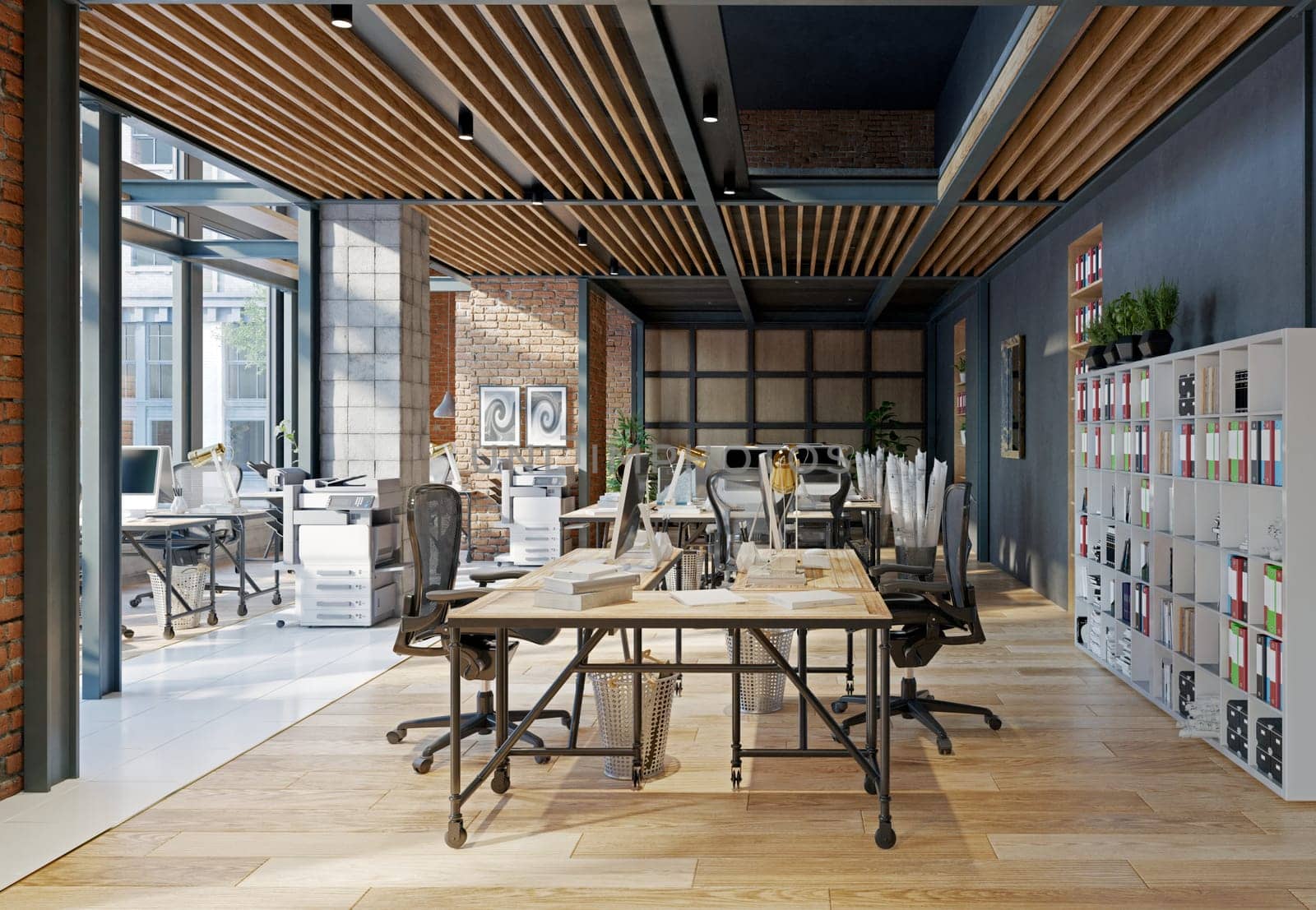 A large open office space with wooden floors and brick walls, 3d render