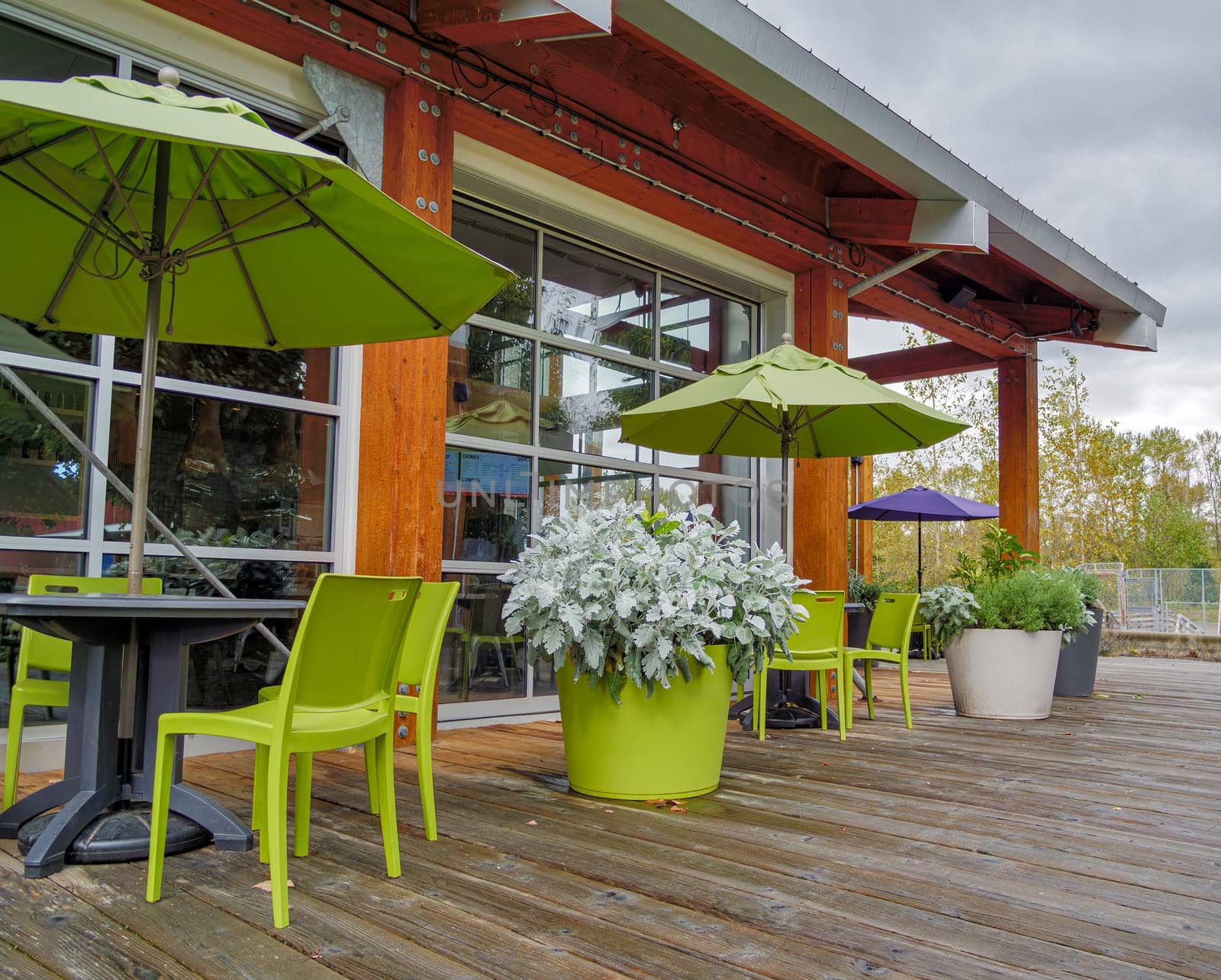 Street cafe under a porch on autumn season in British Columbia.