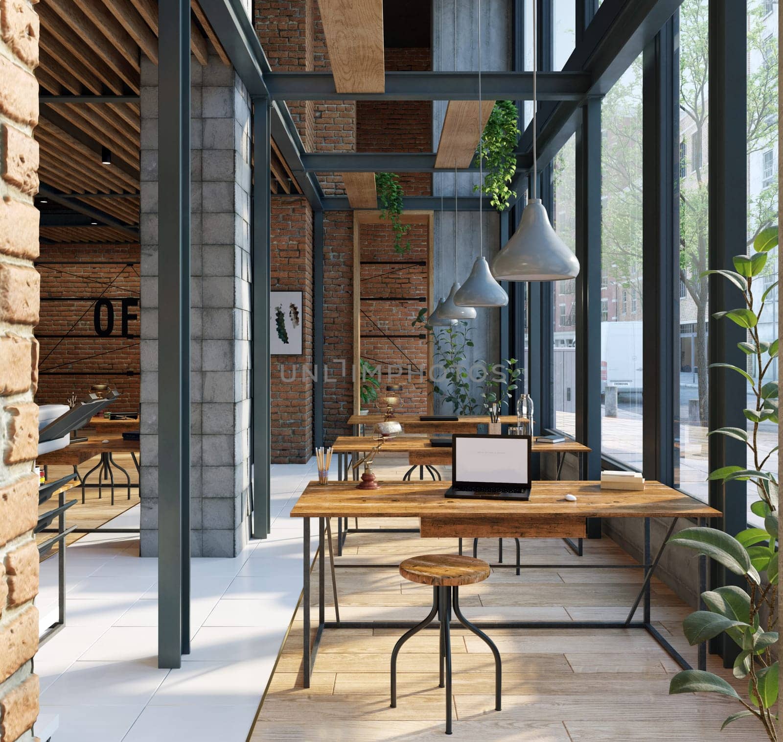 A large open office space with wooden floors and brick walls, 3d render