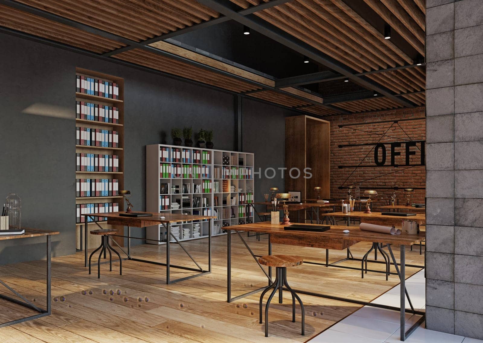 A large open office space with wooden floors and brick walls, 3d render