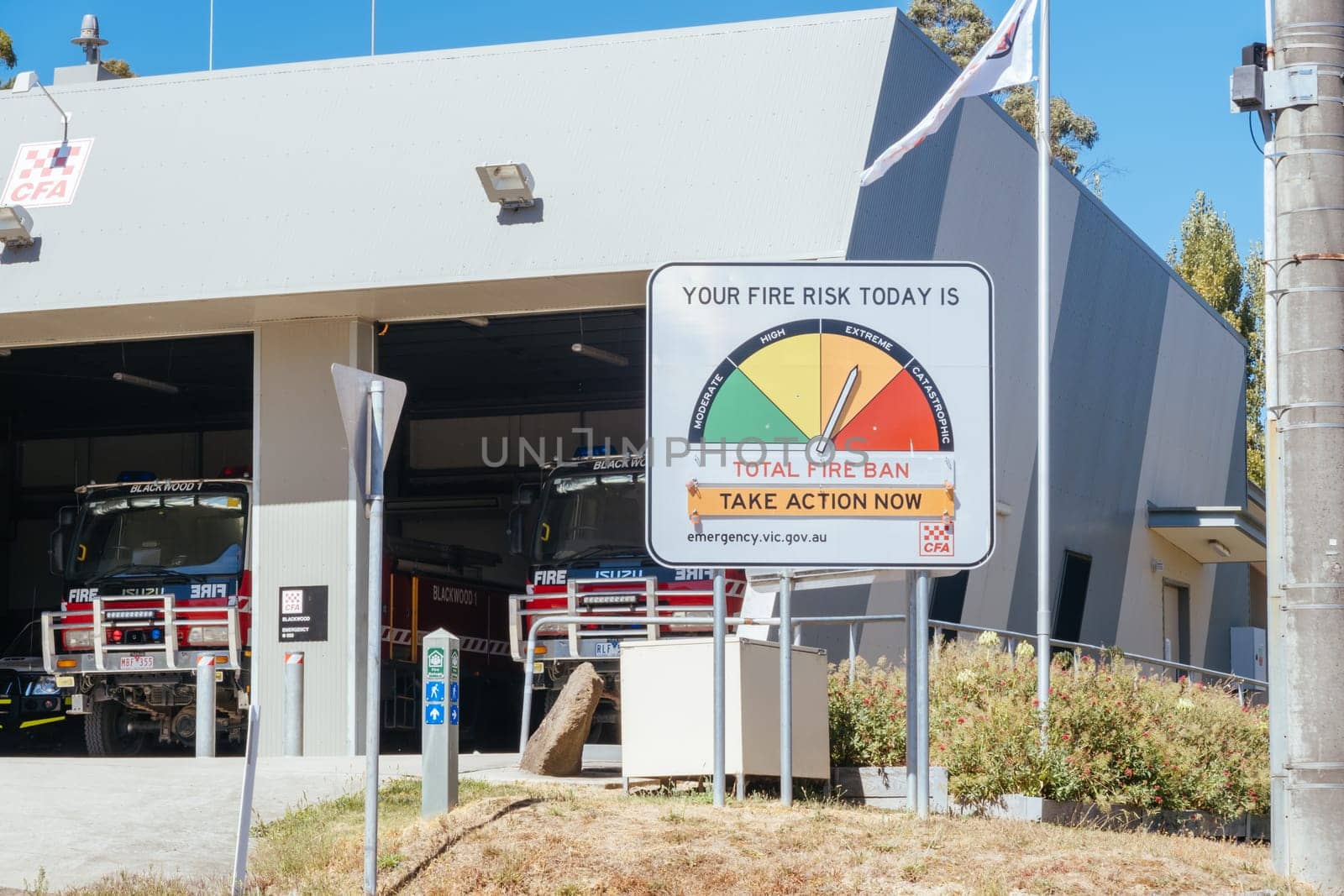 BLACKWOOD, AUSTRALIA - MARCH 09, 2024: Blackwood fire station and fire ban signage on a hot summer's day in Victoria, Australia
