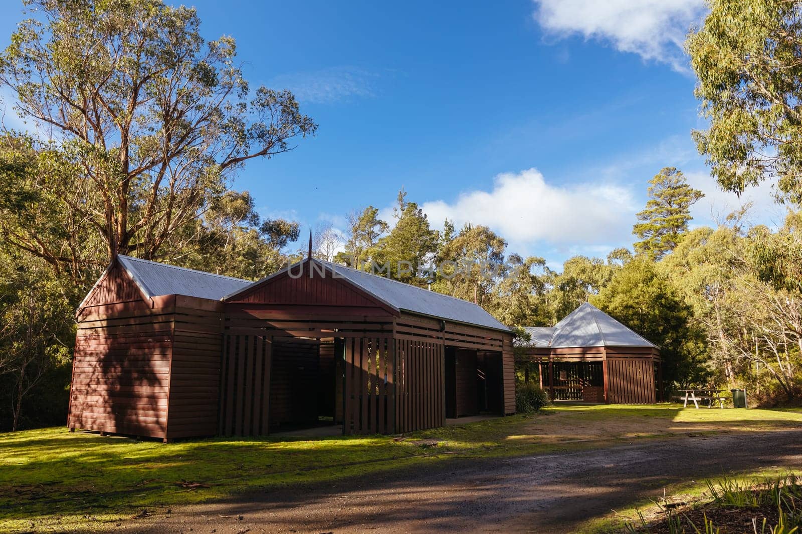 BLACKWOOD, AUSTRALIA - JULY 28 2024: Landscape around Blackwood Mineral Springs Picnic Ground on a cool late winter morning in Blackwood, Victoria, Australia