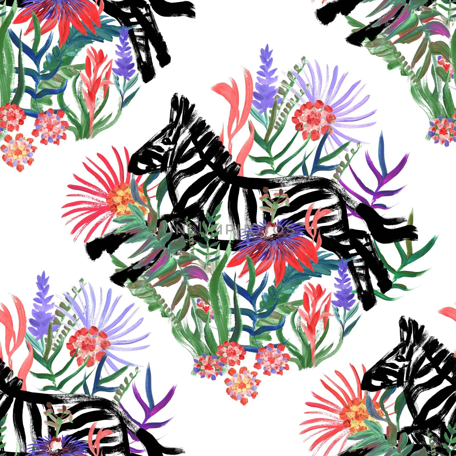 Seamless pattern with gouache painted zebra and tropical flowers for textile design and summer prints