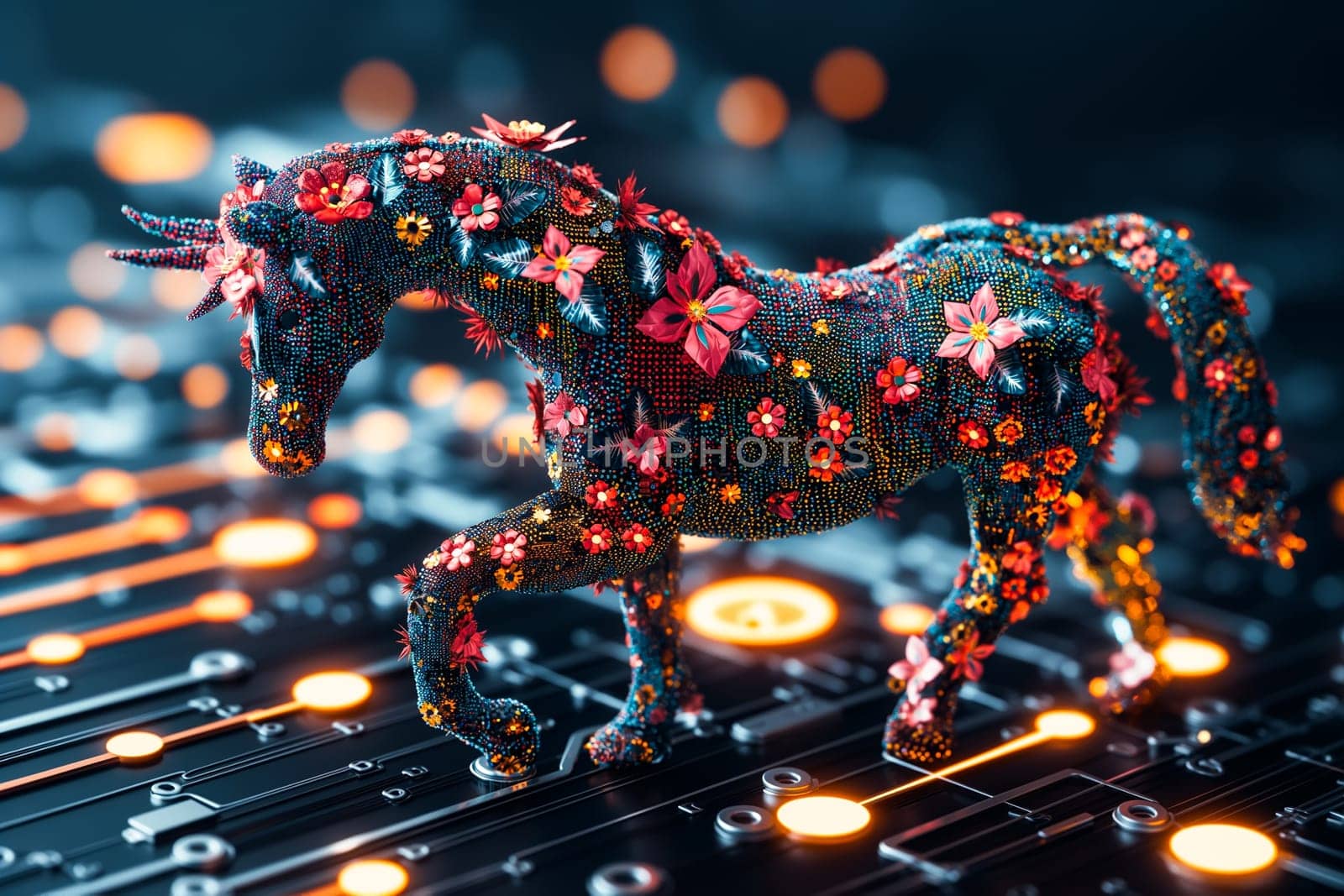 Futuristic unicorn adorned with glowing flowers, blending elements of technology and nature in a vibrant cyberpunk style. Concepts of innovative digital art, fantasy themes, and the fusion of the organic with the artificial.