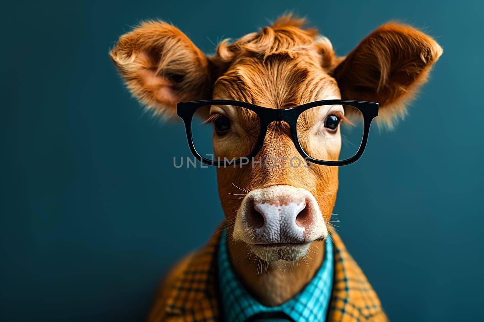 Bull in a plaid suit and wearing glasses. Concepts of fantasy, and humorous projects.