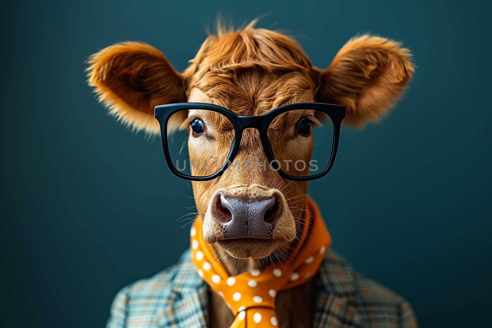 Bull in a plaid suit and wearing glasses. Concepts of fantasy, and humorous projects.
