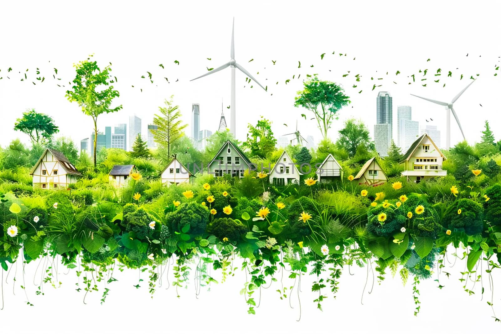 Sustainable living and the harmonious integration of nature within urban environments. Concepts related to green energy, renewable resources, and sustainable urban development.