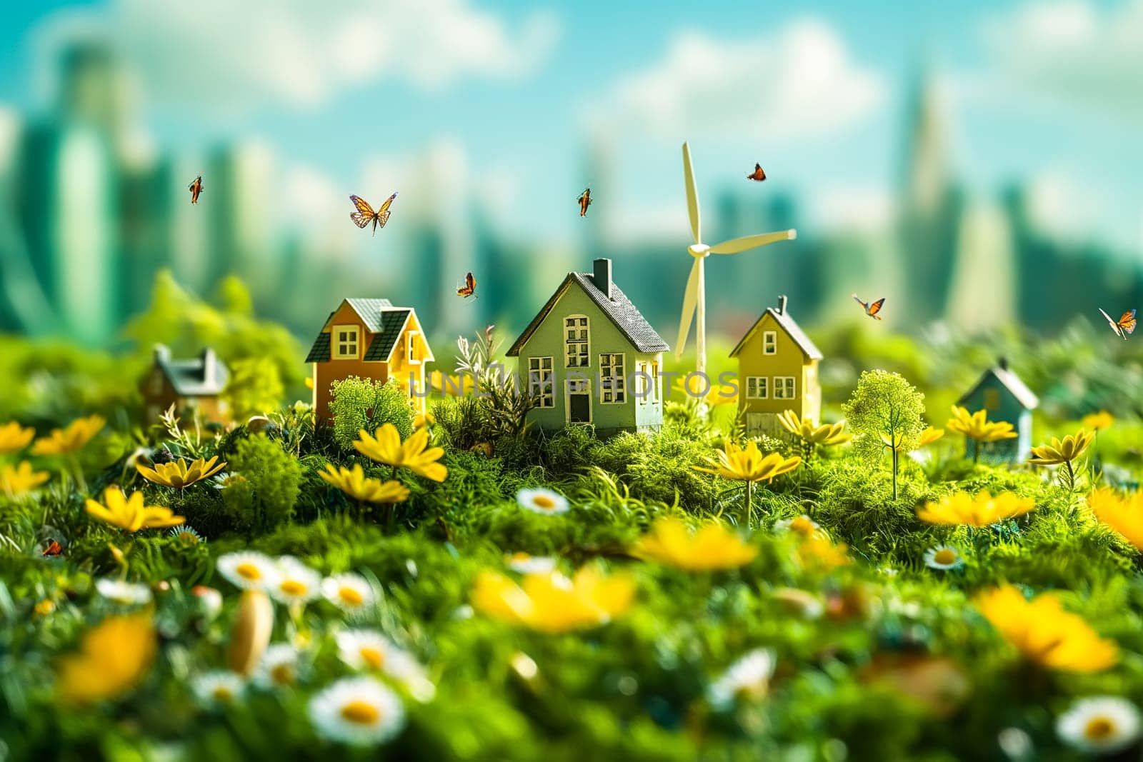 Sustainable living and the harmonious integration of nature within urban environments. Concepts related to green energy, renewable resources, and sustainable urban development.