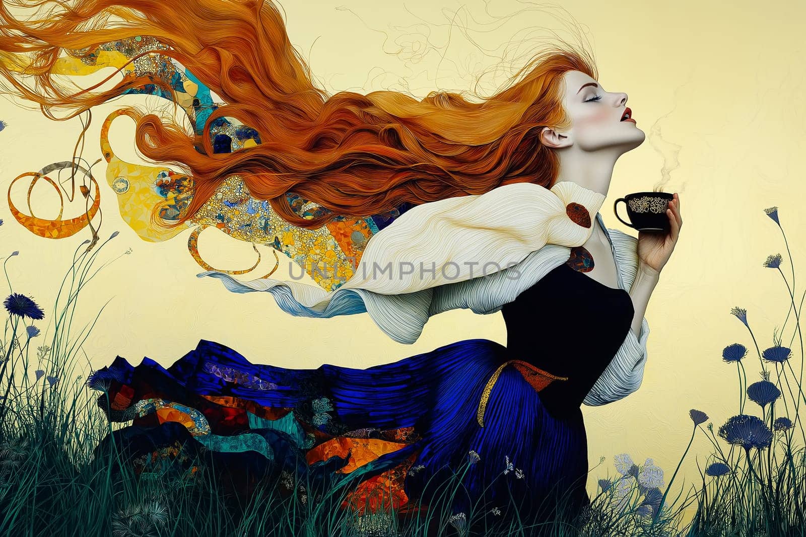 Stylish red hair woman with an aromatic coffee in hands.