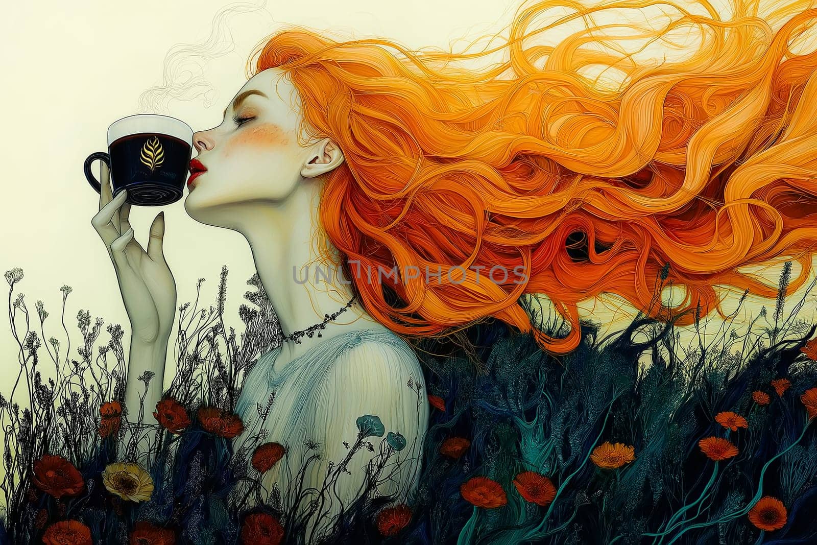 Stylish red hair woman with an aromatic coffee in hands.