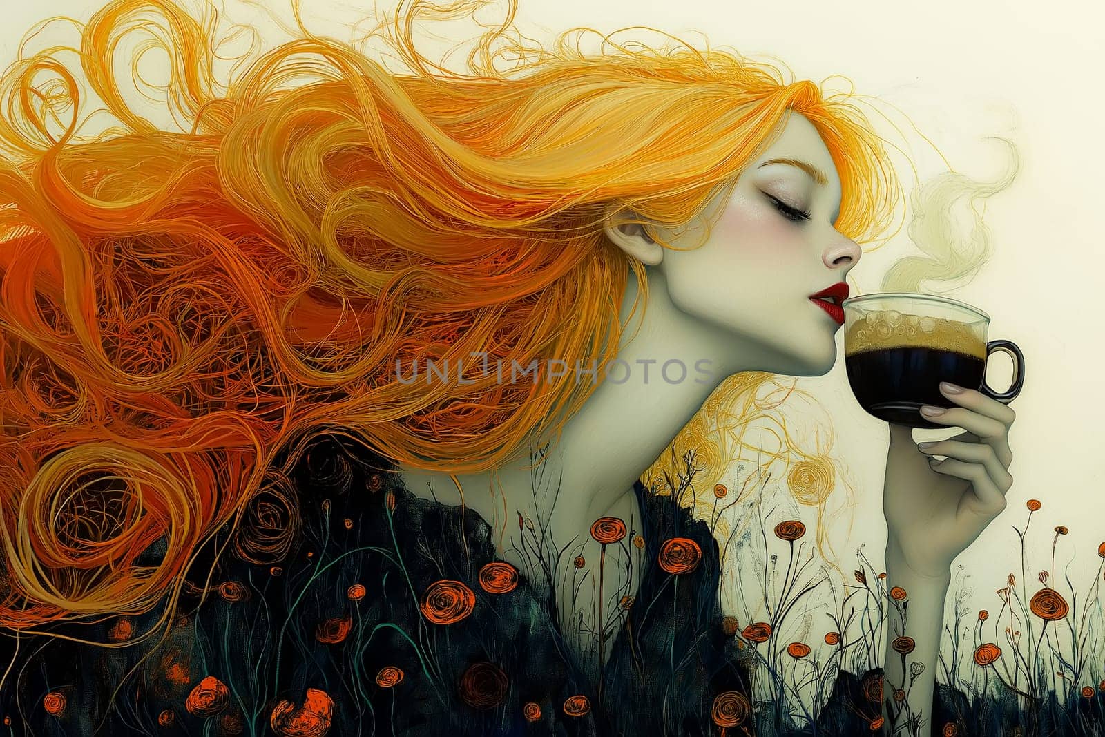 Stylish red hair woman with an aromatic coffee in hands.