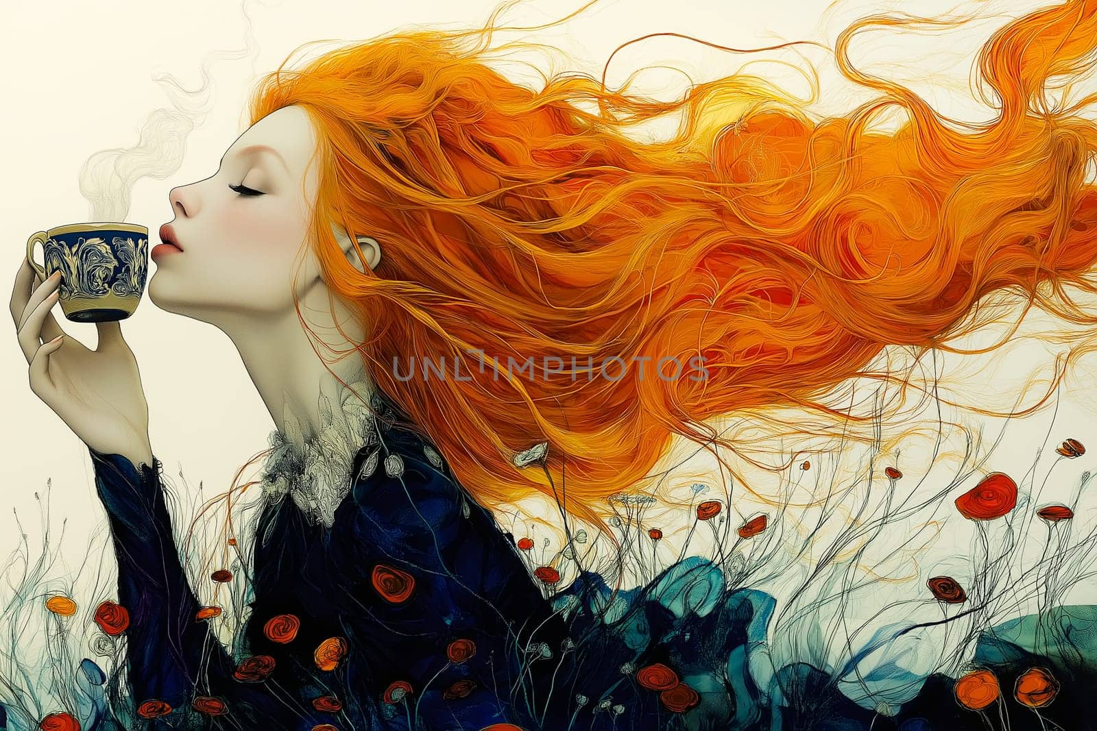 Stylish red hair woman with an aromatic coffee in hands.