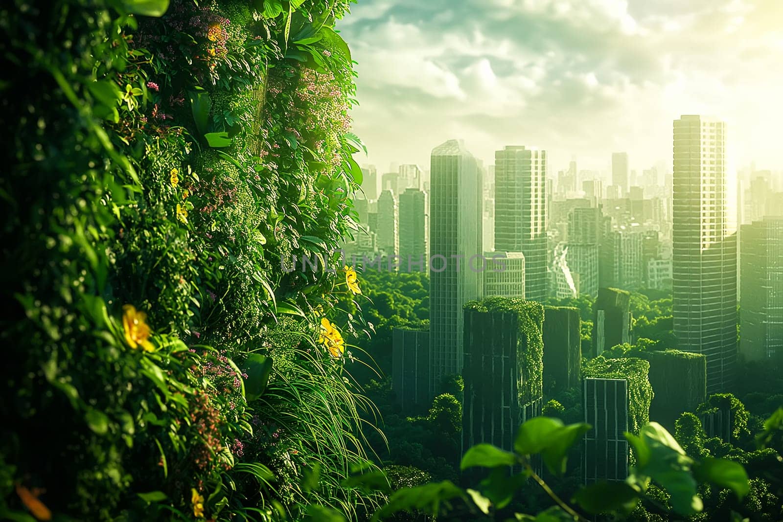 Sustainable living and the harmonious integration of nature within urban environments. Concepts related to green energy, renewable resources, and sustainable urban development.