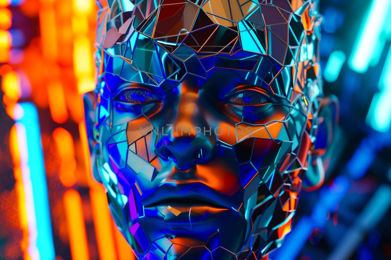 Digital face, merging the realms of artificial intelligence and futuristic technology. The image showcases a cybernetic human form illuminated by vibrant neon colors, embodying the concept of digital consciousness and the integration of AI