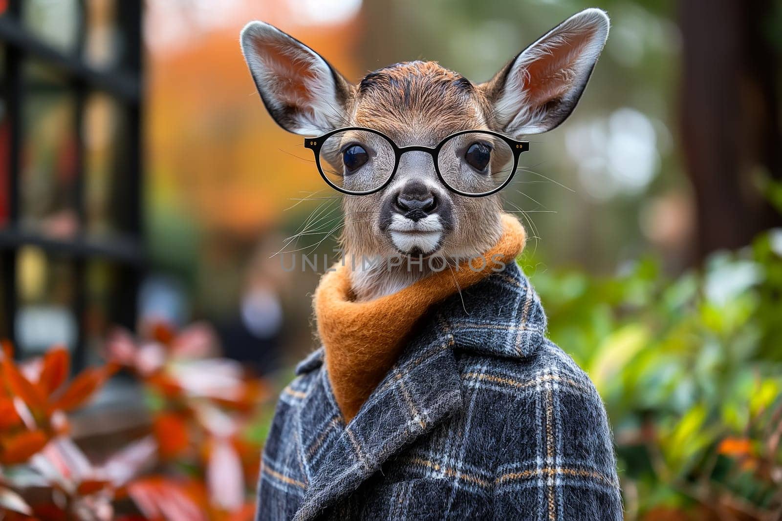 Young deer dressed in a plaid coat and glasses, standing against a vibrant autumn background.