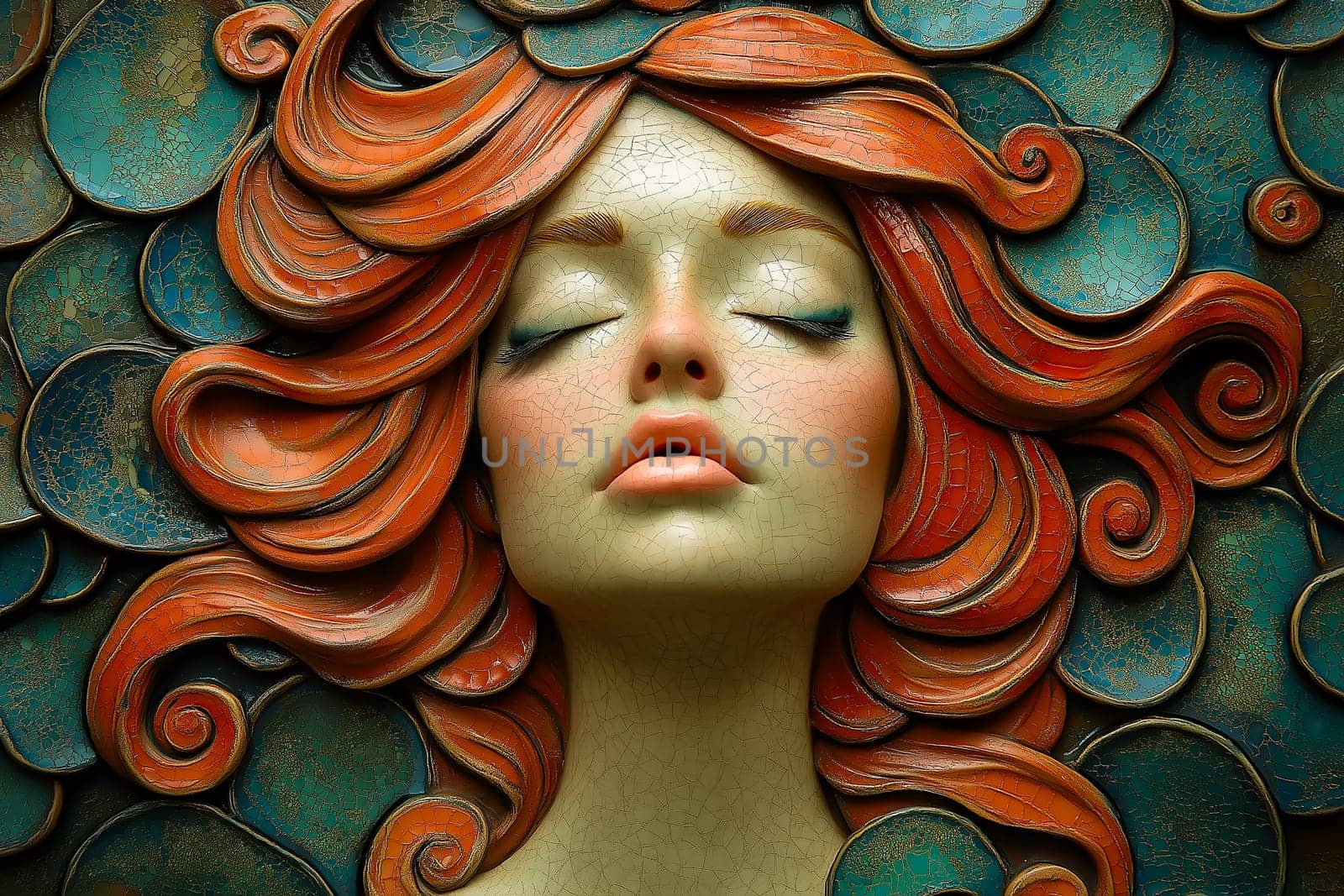 Sculpture of a serene female face with red hair, surrounded by intricate ornamental patterns.