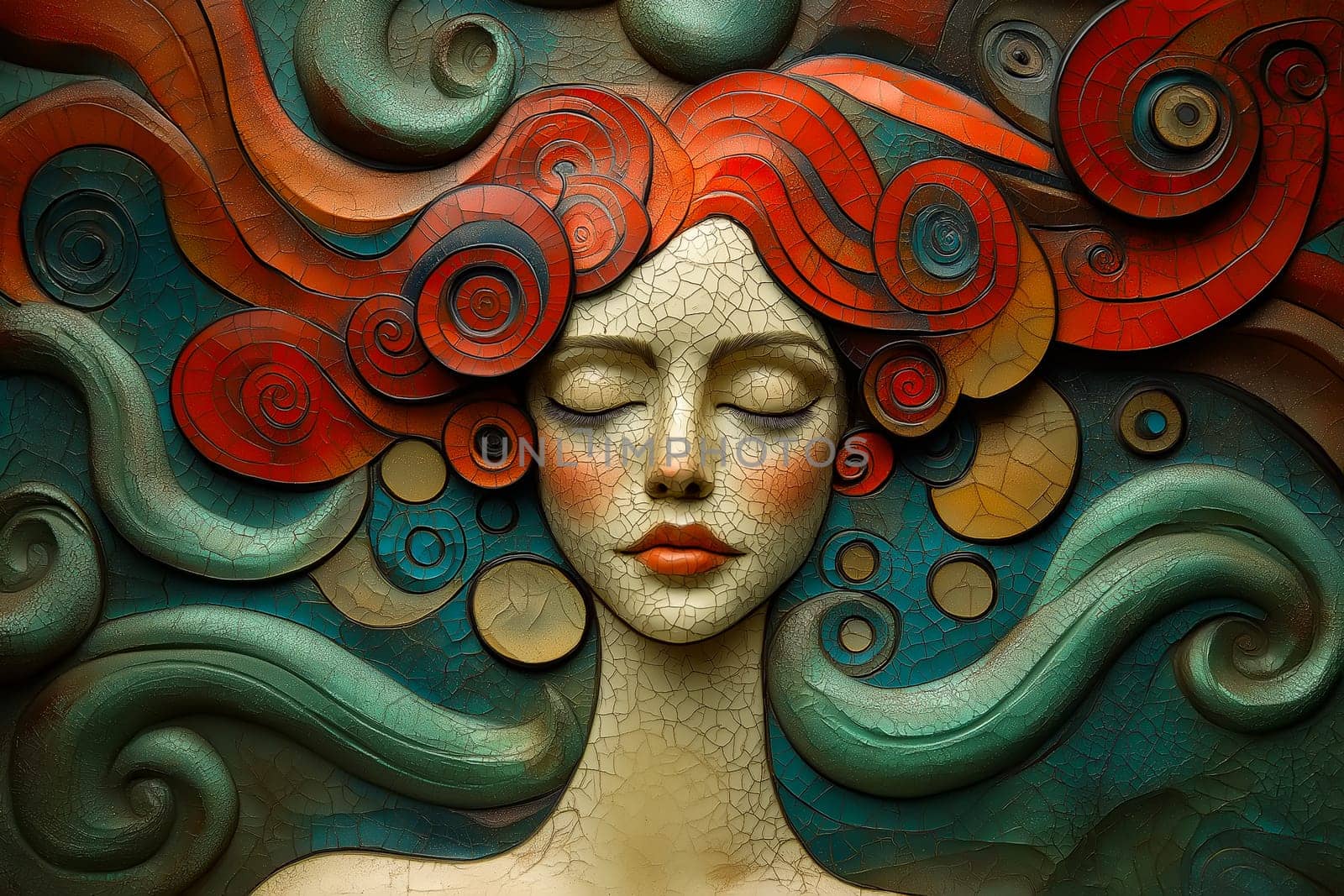 Sculpture of a serene female face with red hair, surrounded by intricate ornamental patterns.