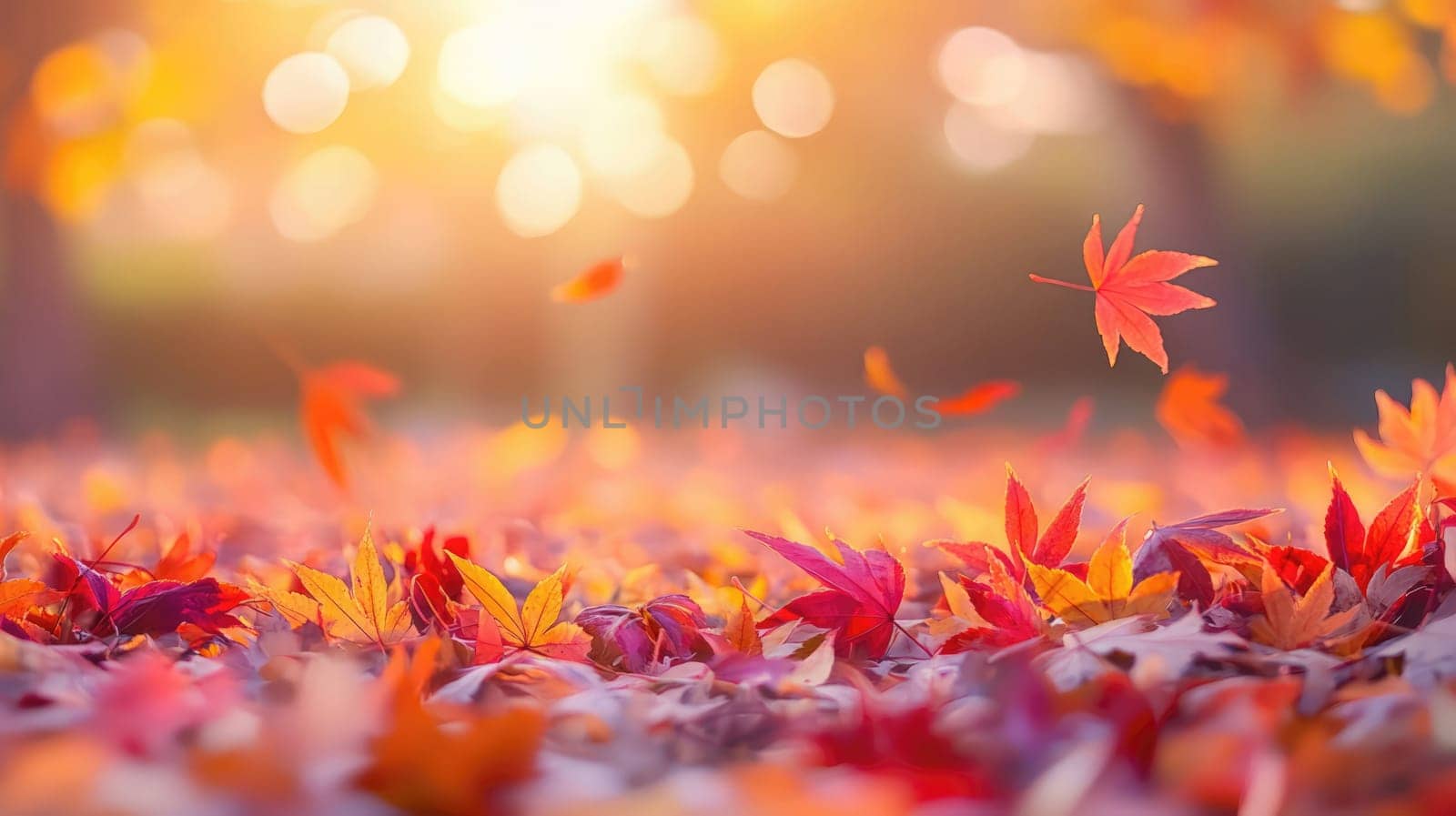 Vibrant autumn leaves fall gently to the ground, illuminated by the soft glow of the sun in a tranquil park.