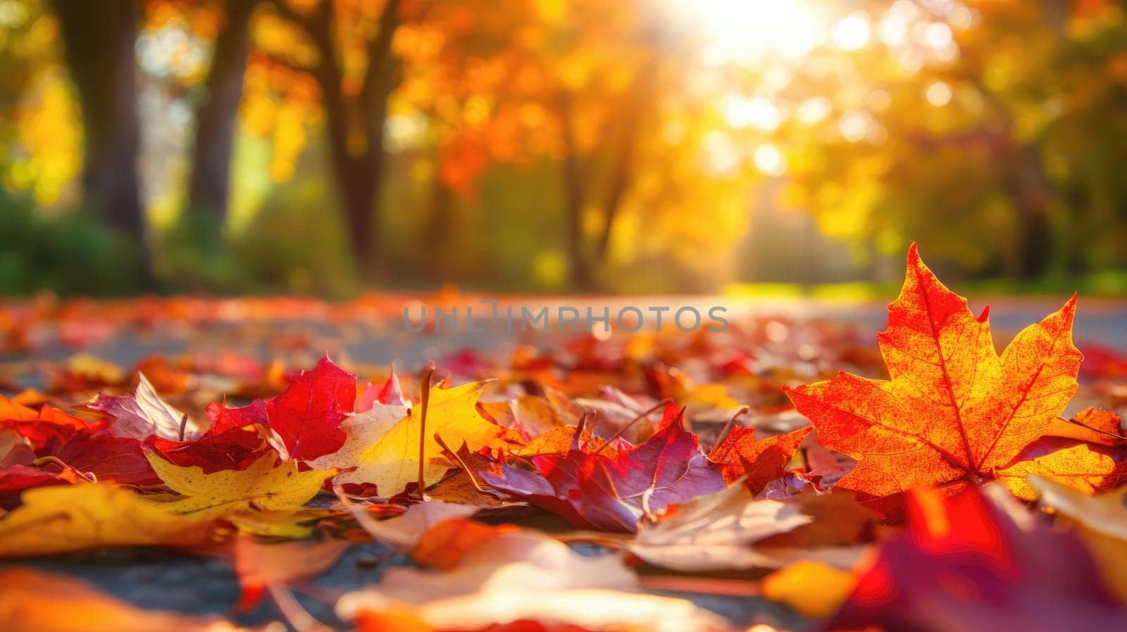 Brightly colored leaves in hues of red, orange, and yellow blanket a park pathway as sunlight filters through the trees.
