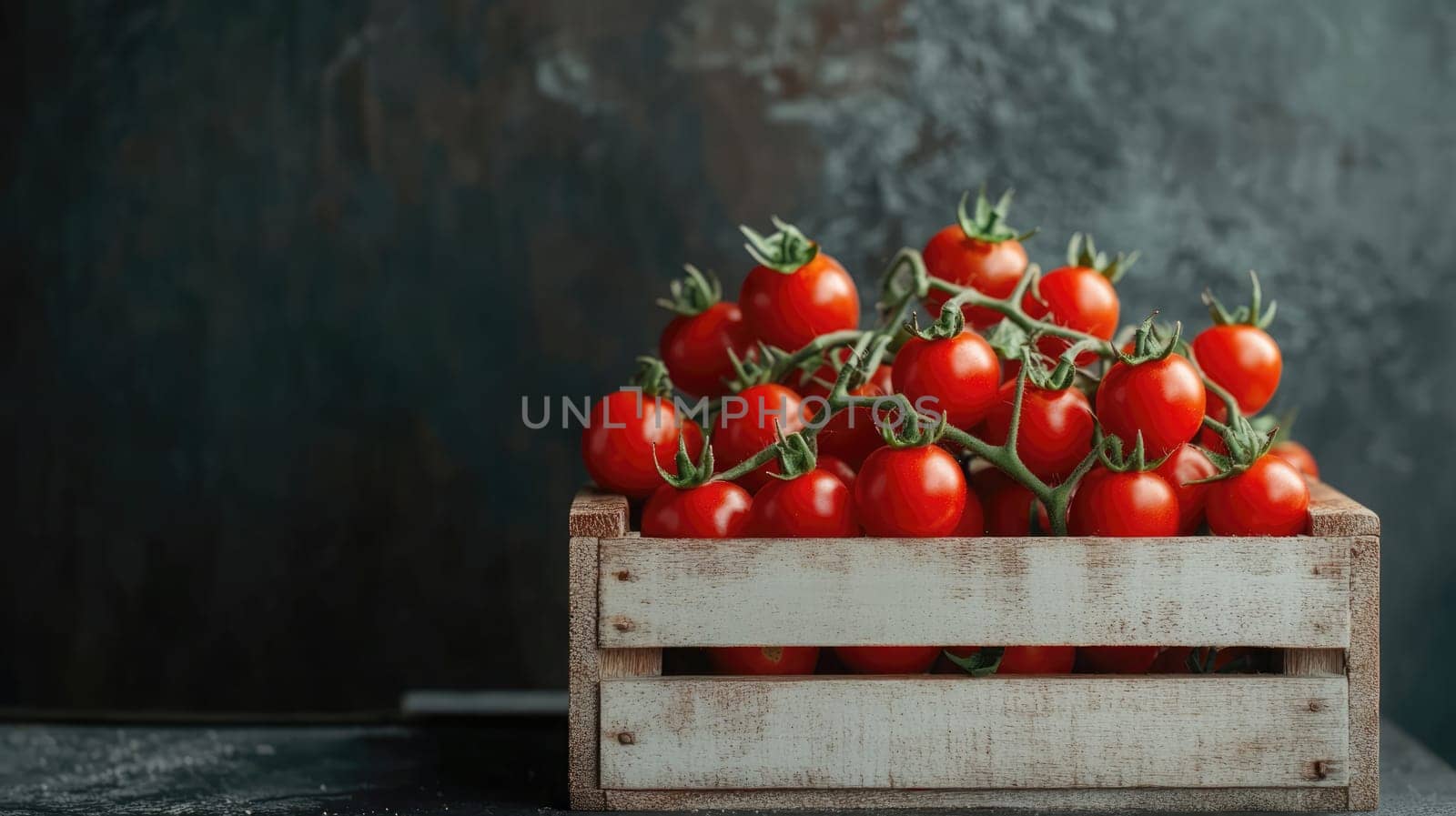 Fresh cherry tomatoes are stacked neatly in a vintage wooden crate on a dark tabletop.