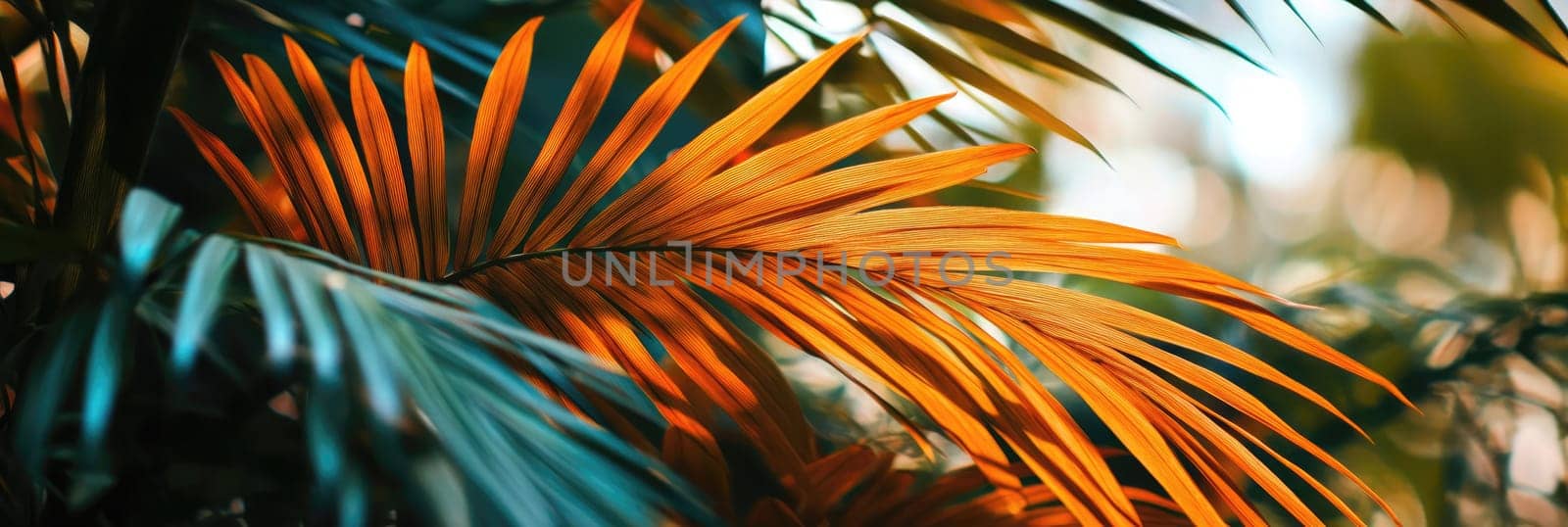 Bright orange and green palm fronds catch sunlight in a vibrant, lush garden setting.