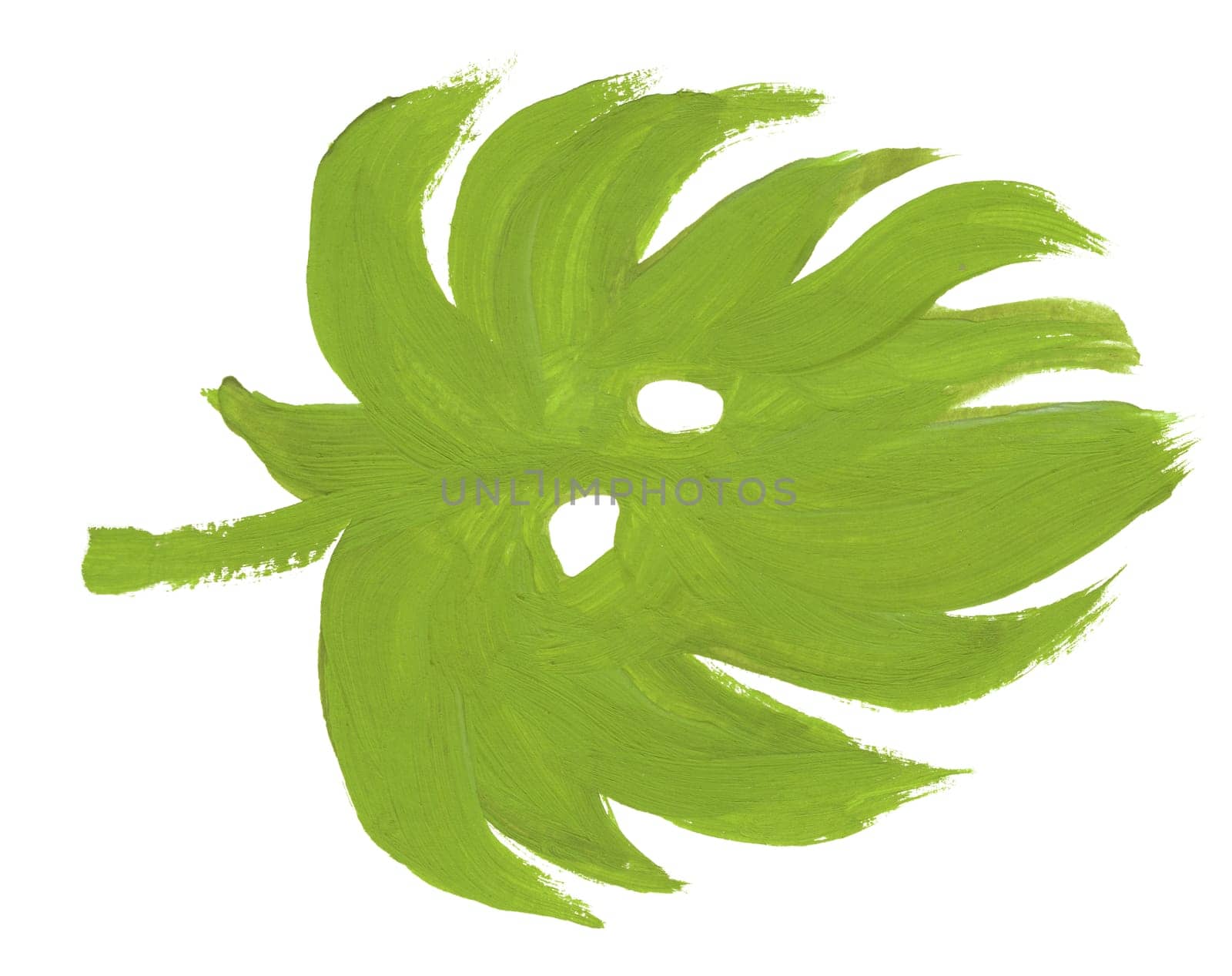 palm leaf painted in gouache with a dry brush isolated on a white background for the design of summer fabrics and other