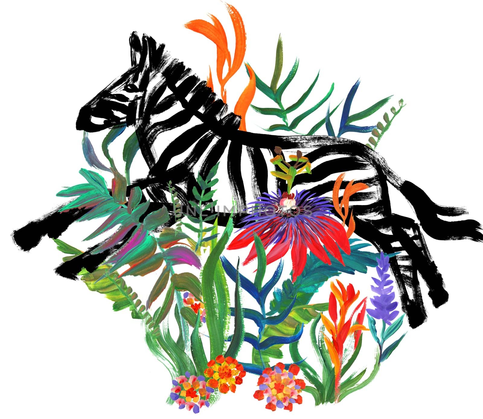 Illustration with gouache painted zebra and tropical flowers isolater on white