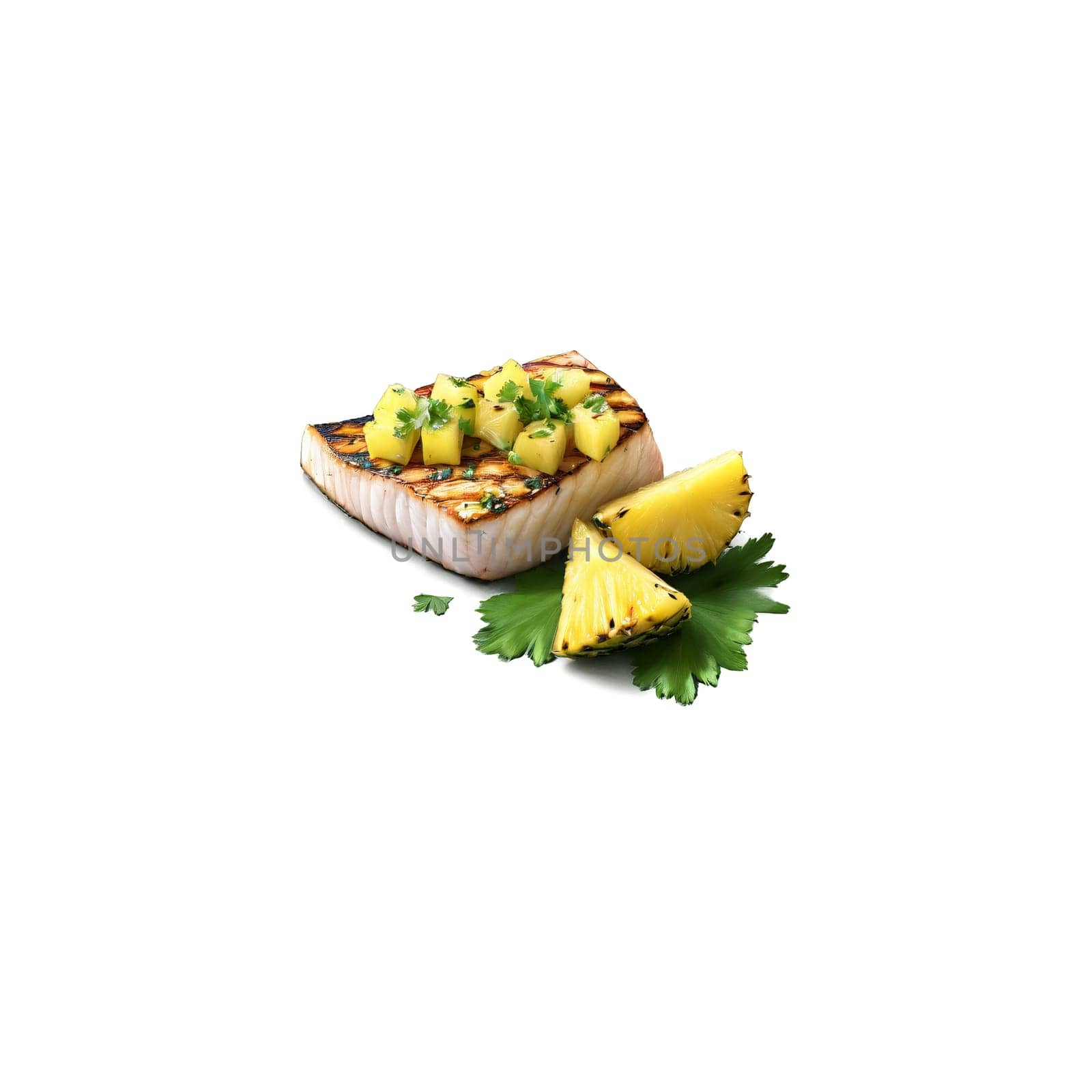 Grilled swordfish and pineapple salsa with a sprinkle of chopped cilantro and a slice of. close-up food, isolated on transparent background