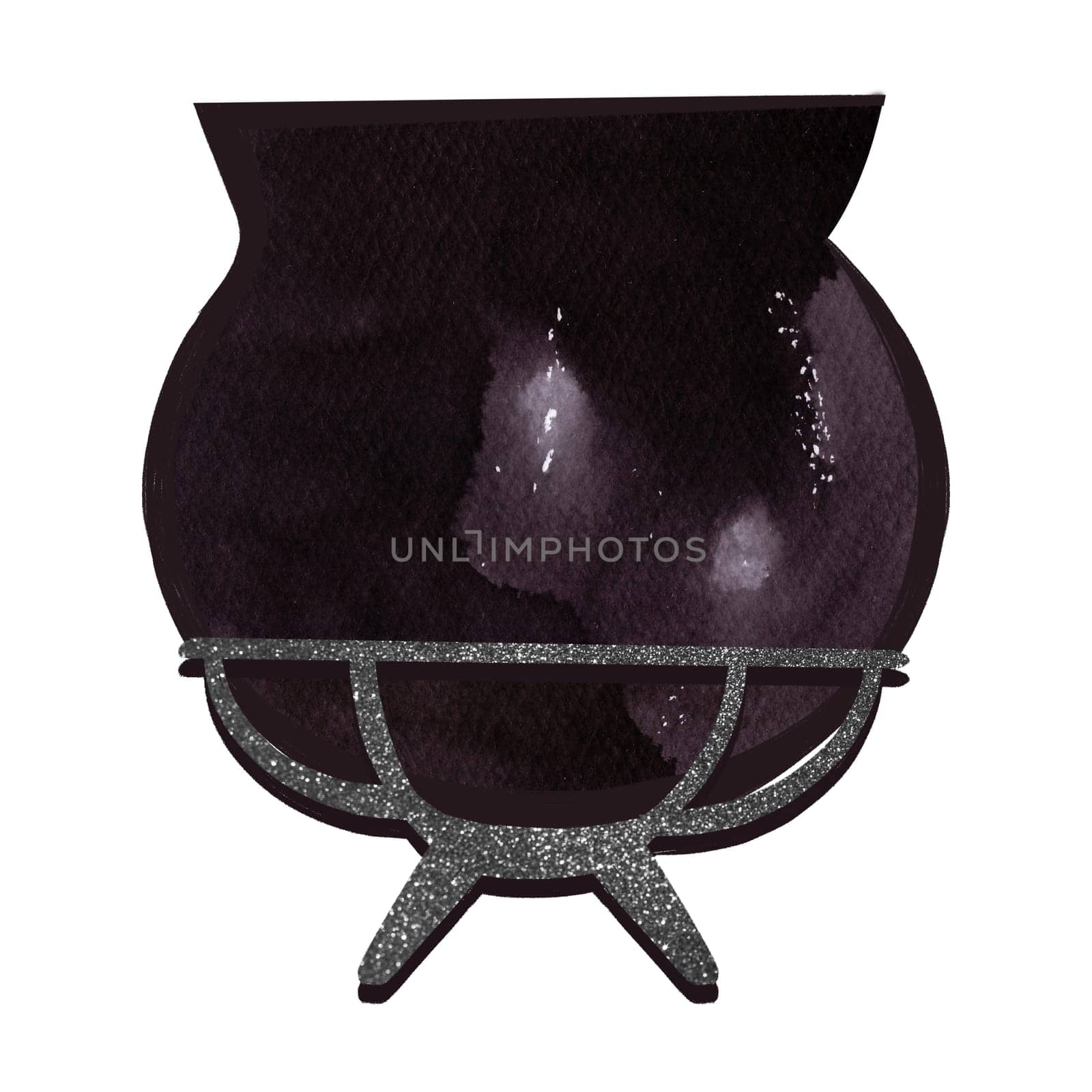 Witches cauldron made of black cast iron on a silver stand. A container to brew a potion or soup in. Dishes, kitchen utensils. Isolated watercolor illustration on a white background for Halloween decor