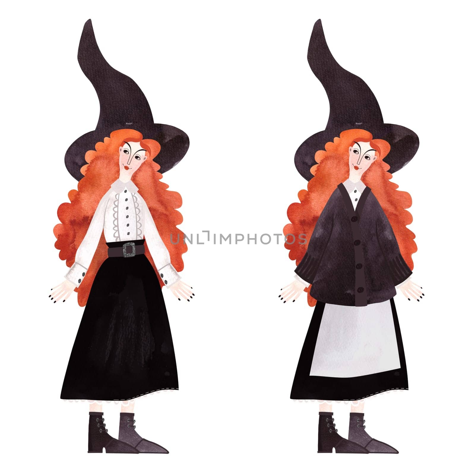 A slender, beautiful, smiling, cheerful young witch with a shock of bright red curls in a white vintage blouse, a black skirt and boots with laces and pointed hat. Watercolor hand drawn isolated illustration on white background. Character.