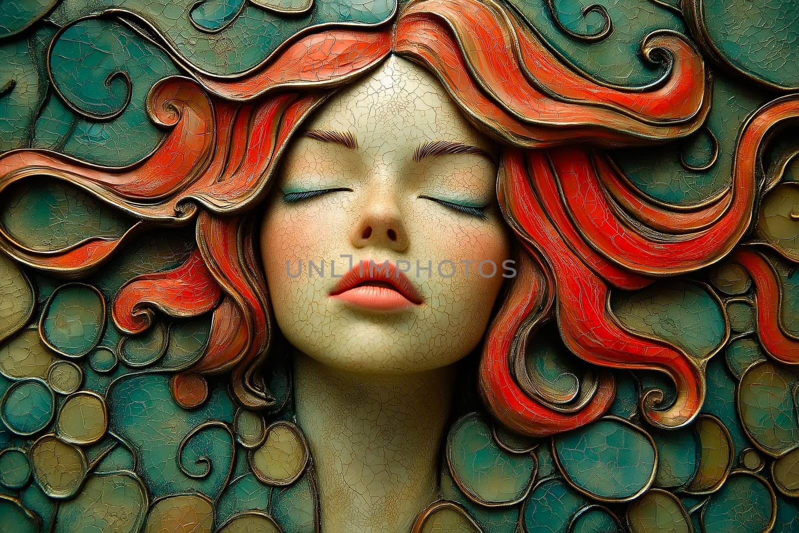 Sculpture of a serene female face with red hair, surrounded by intricate ornamental patterns.