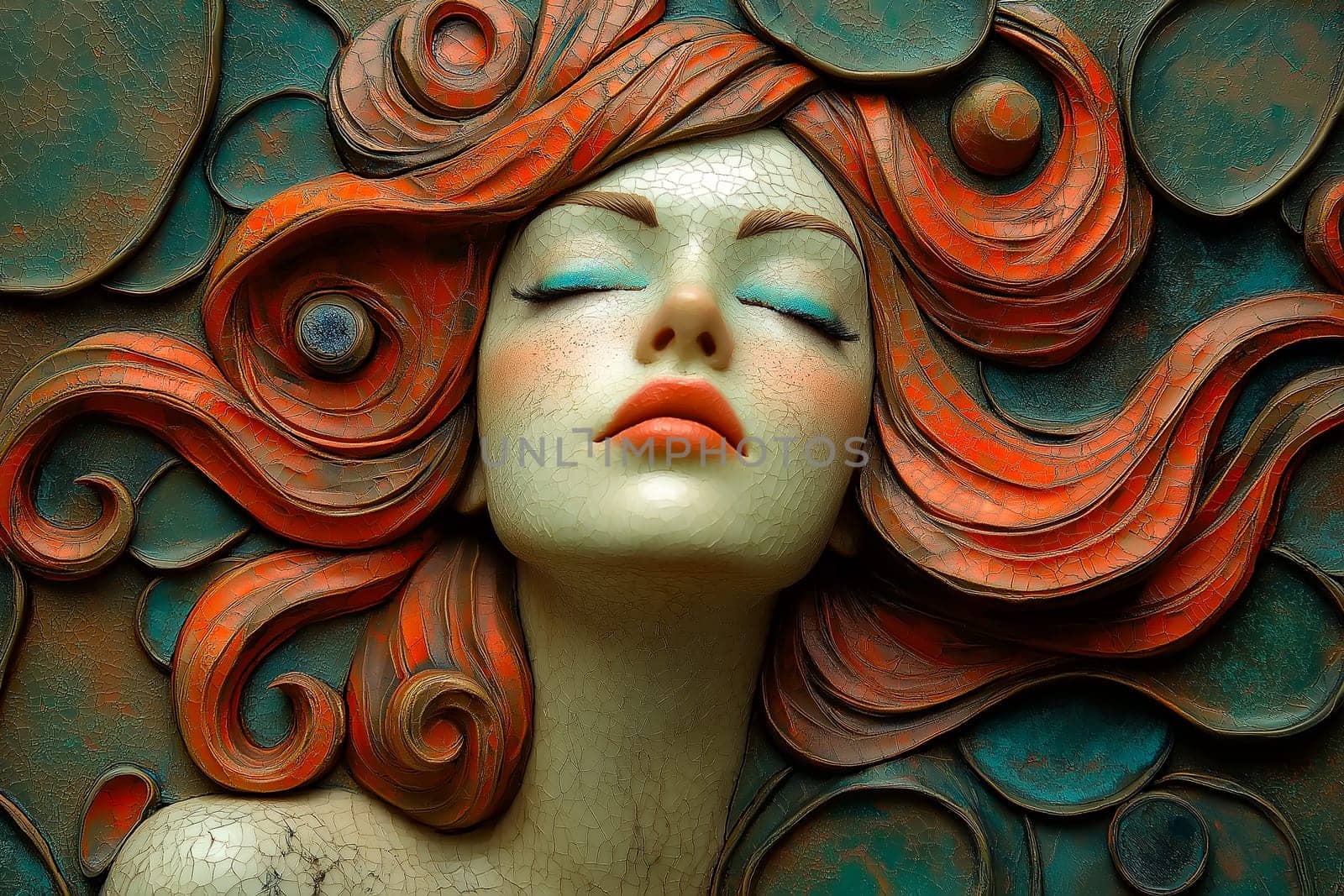 Sculpture of a serene female face with red hair, surrounded by intricate ornamental patterns.