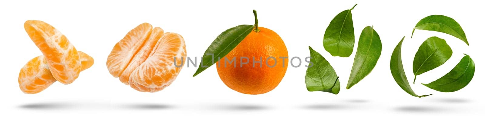 Set of ripe tangerines and their leaves of different cutting methods on a white isolated background. Tangerines cut in different ways hang or fall close-up. by SERSOL
