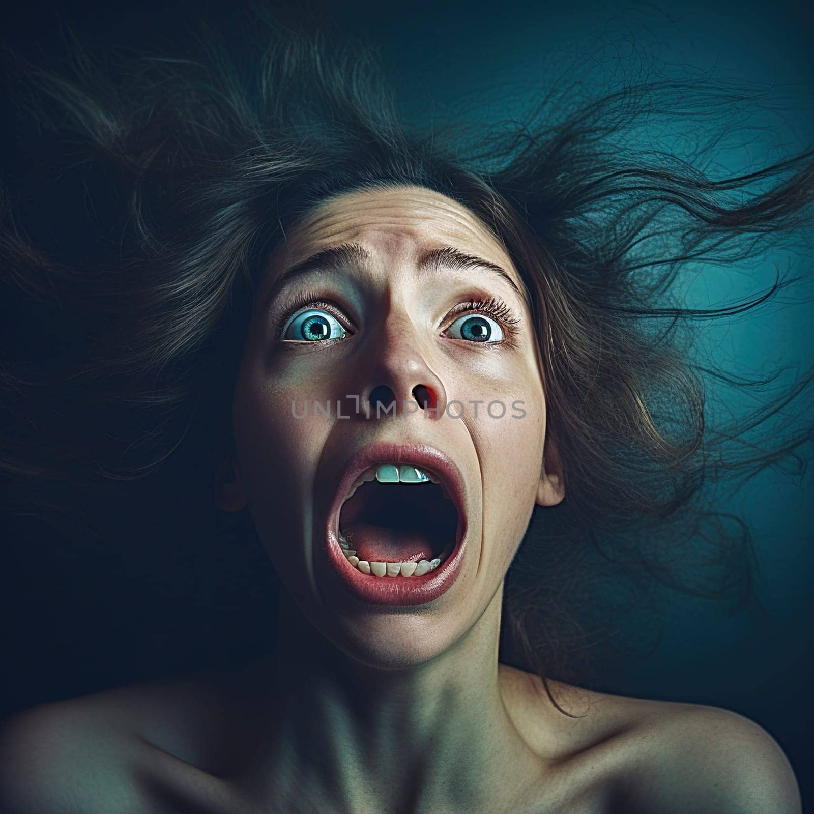 Portrait of a woman screaming in horror with her eyes wide open. High quality photo