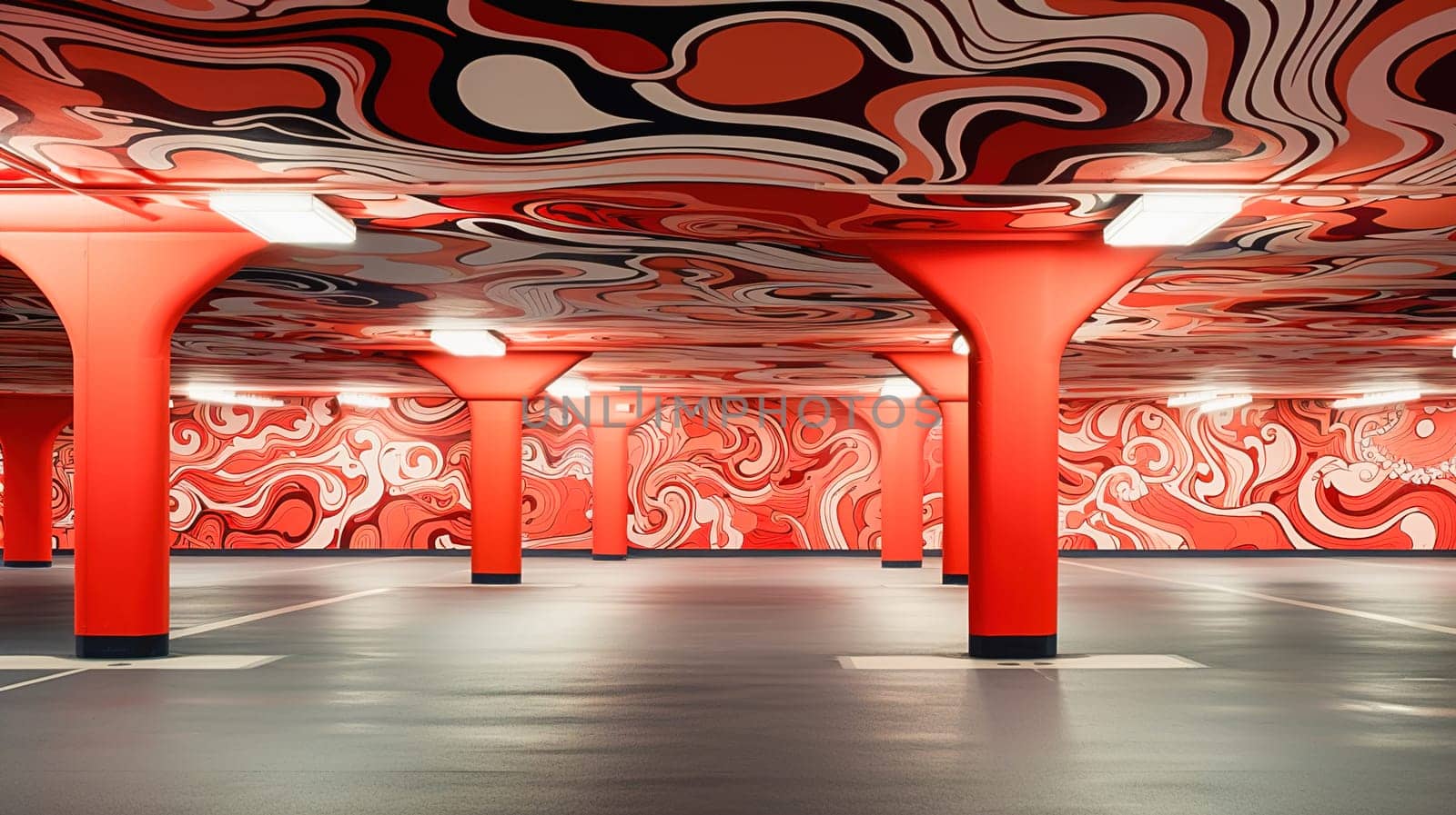 Modern fantastic underground parking in red colors. High quality photo