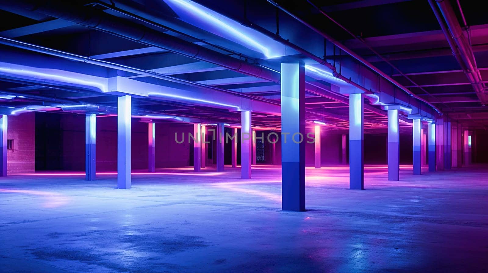 Modern fantastic underground parking in blue and purple colors. High quality photo