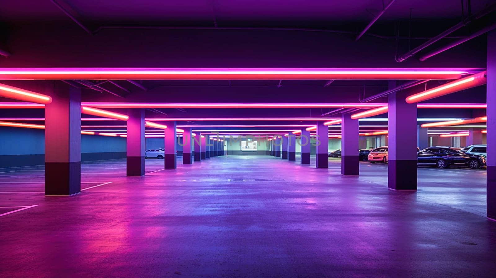 Modern fantastic underground parking in blue and purple colors. High quality photo