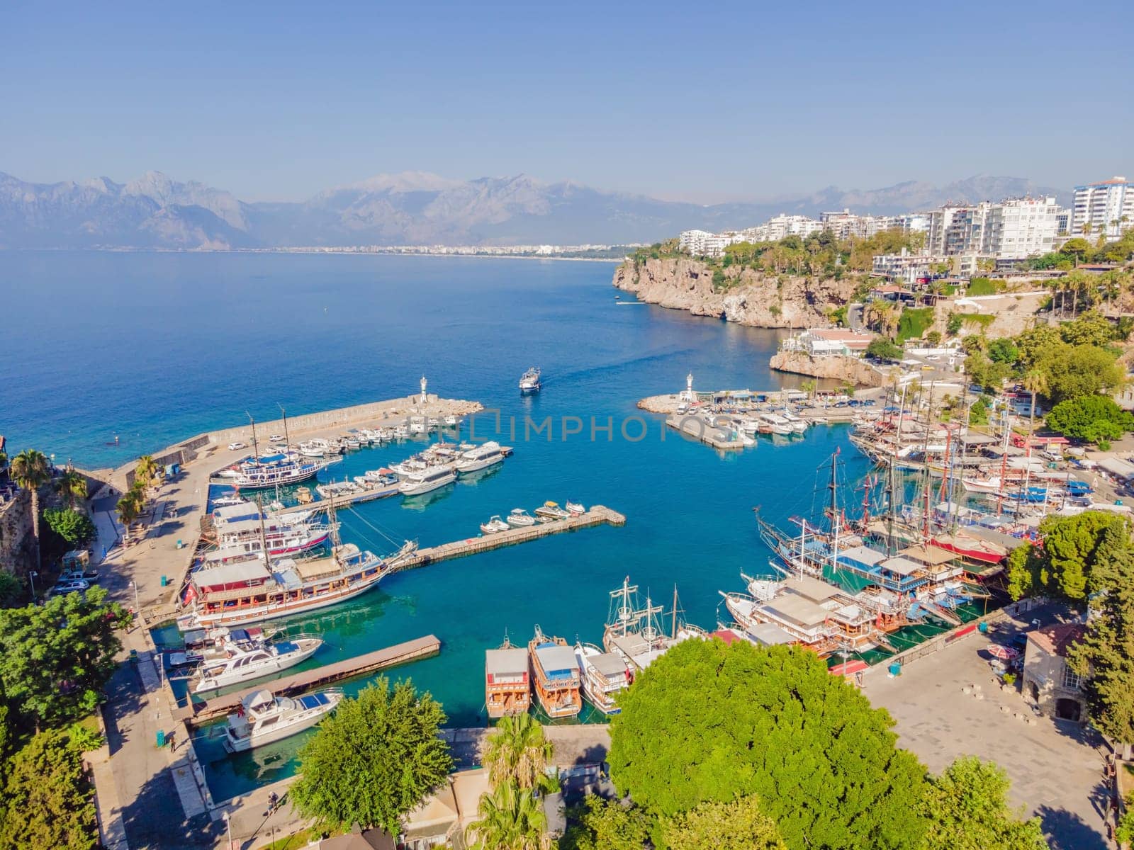 View of old Antalya from a drone or bird's eye view. This is the area of the old city and the old harbor.