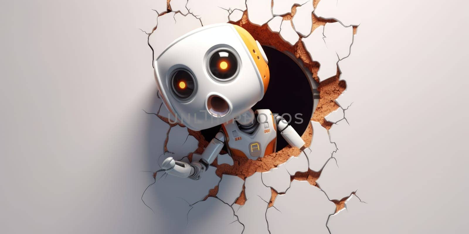 Cute Robot toy peeking out of a hole in wall, torn hole, empty copy space frame, mockup. Generative AI weber. by biancoblue