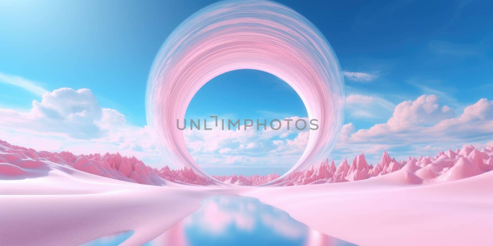 3d rendering abstract fantasy background. Surreal fantastic landscape. Blue sky, white fluffy clouds, neon round linear frame, calm water, pink sand dunes. Virtual reality paradise wallpaper. Generative AI weber. by biancoblue