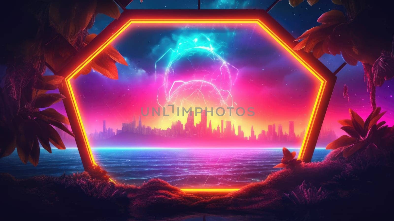 Glowing neon Hexagon frame over abstract landscape. Generative AI image weber.