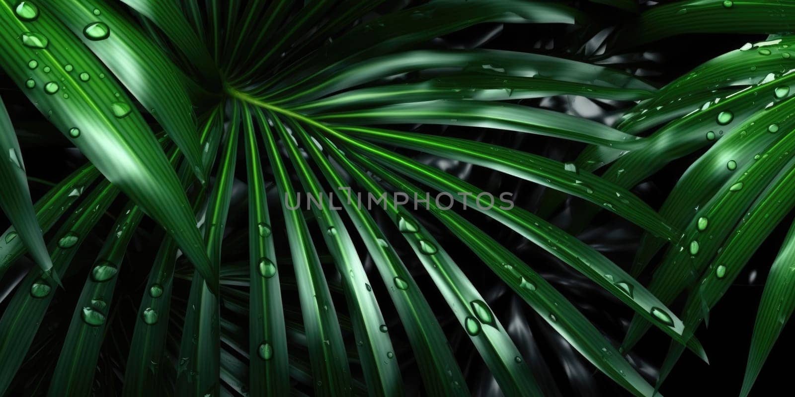 Dark Green palm leaves and droplet Water dramatic photo effect background, realism, realistic, hyper realistic. Generative AI weber. by biancoblue