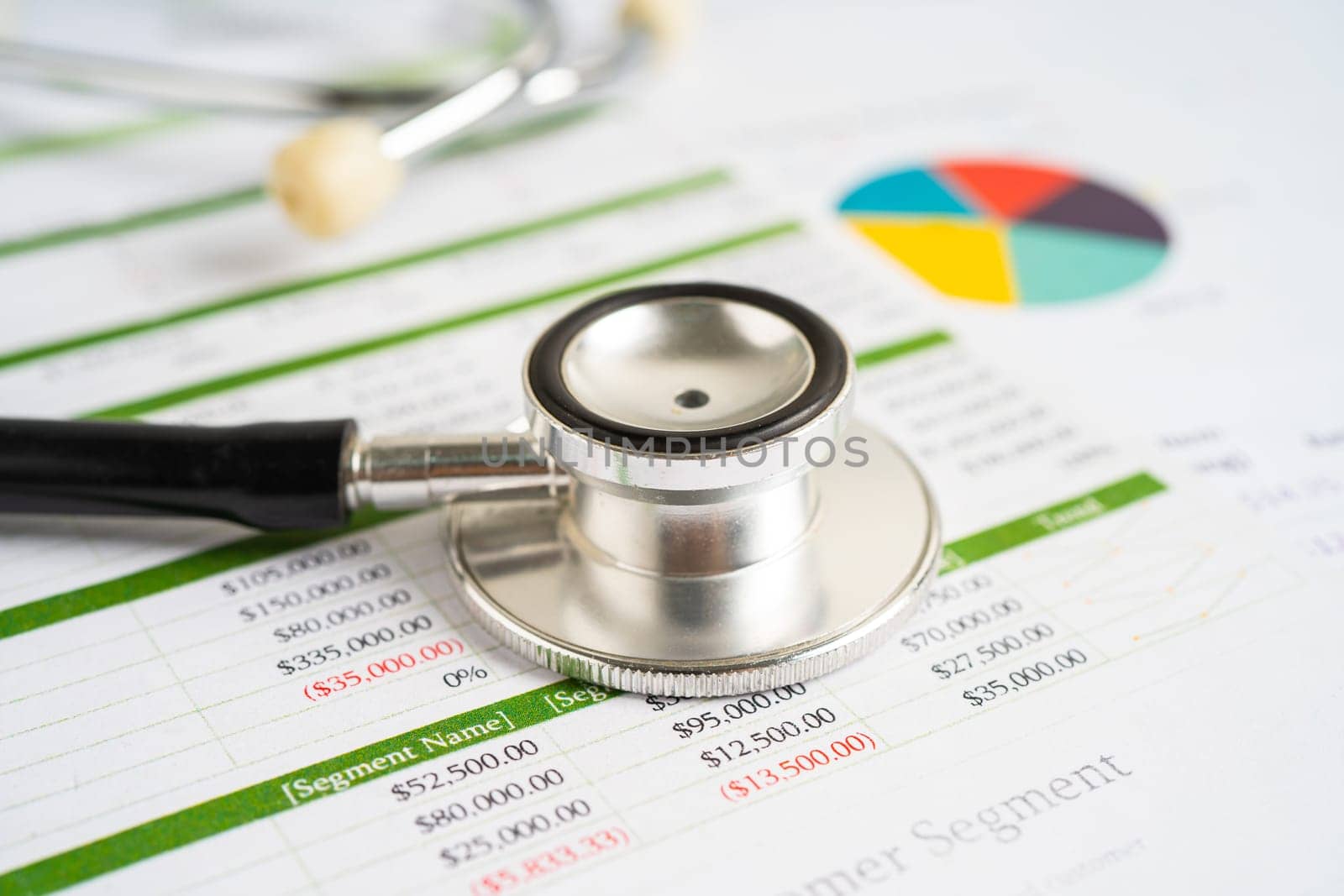 Stethoscope on spreadsheet and graph paper, Finance, Account, Statistics, Investment, Analytic research data economy and Business company concept.