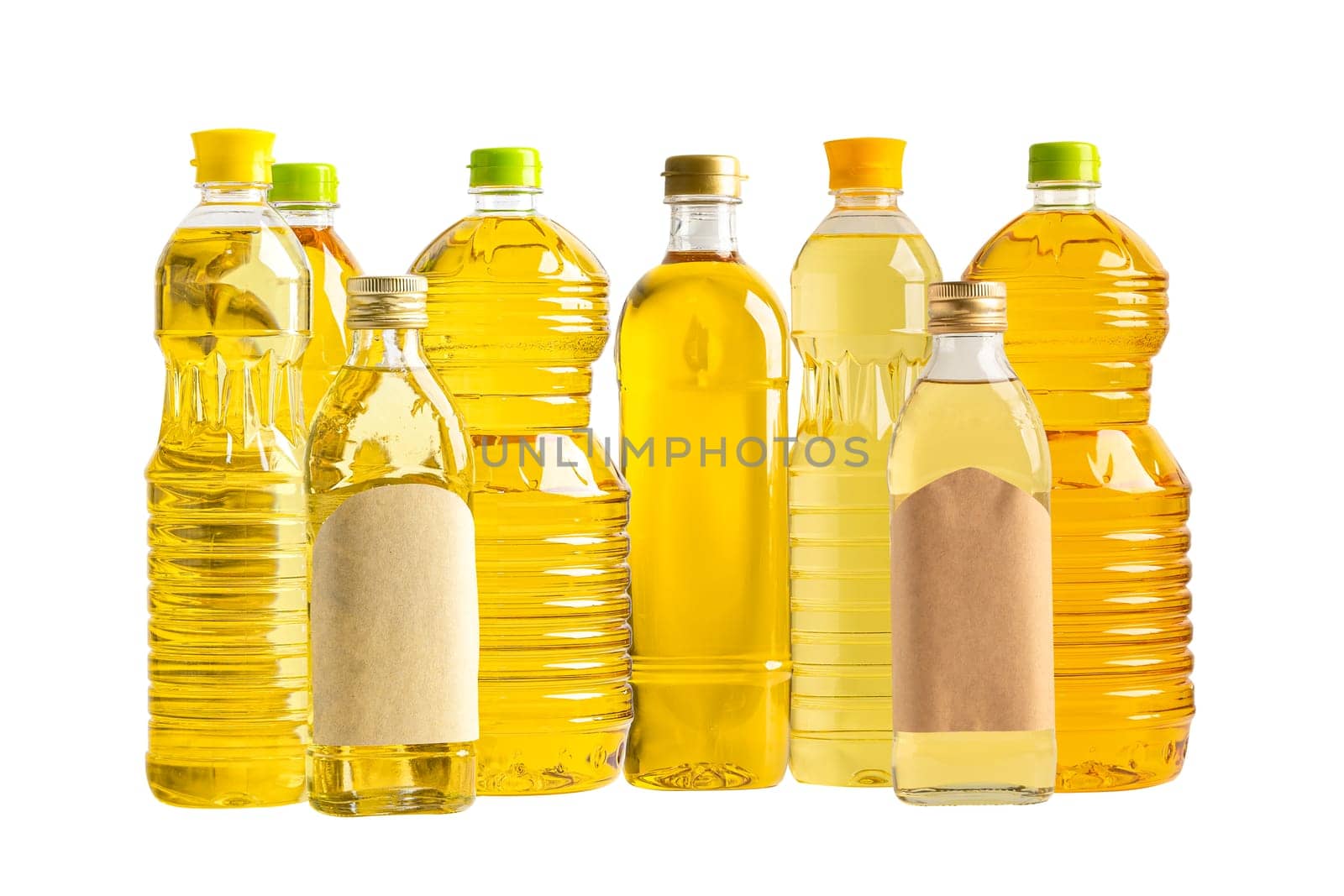 Vegetable oil with olive oil in different bottle for cooking isolated on white background with clipping path. by pamai