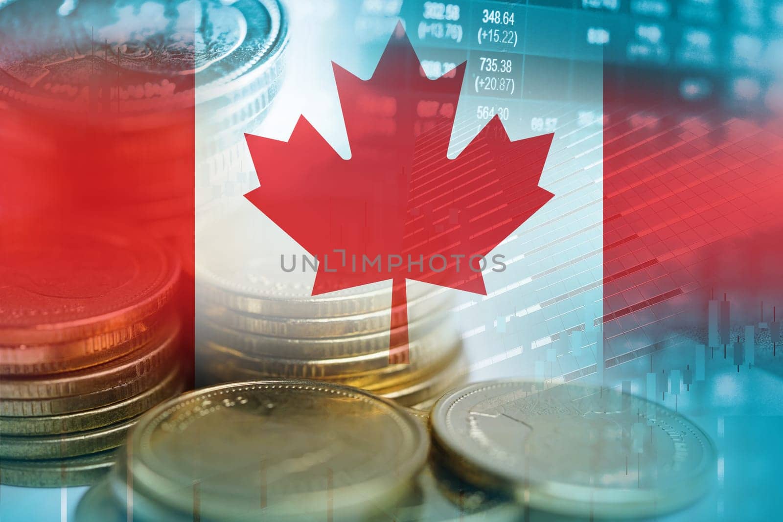 Stock market investment trading financial, coin and Canada flag , finance business trend data background. by pamai