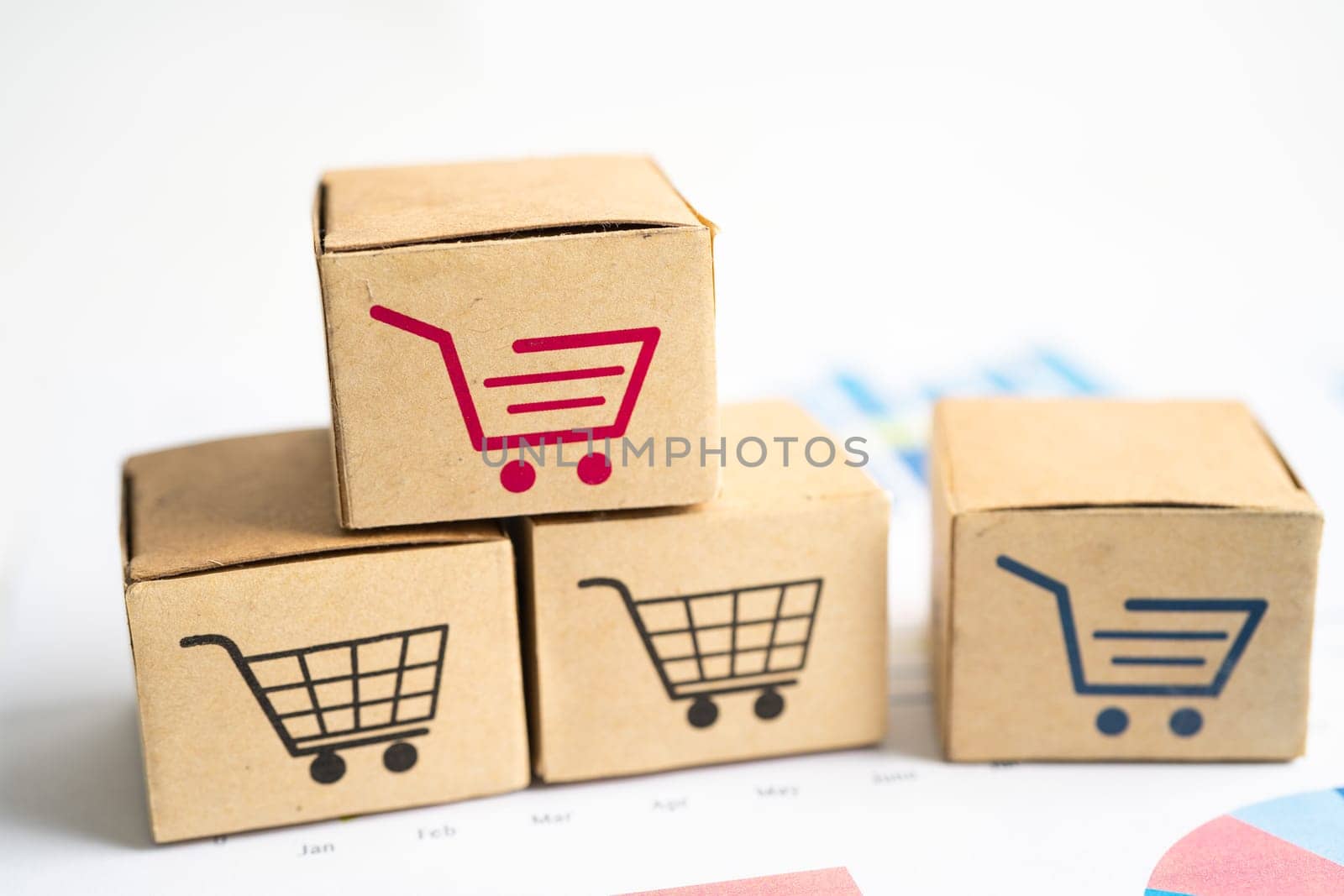 Shopping cart logo on box on graph background. Banking Account, Investment Analytic research data economy, trading, Business import export transportation online company concept.