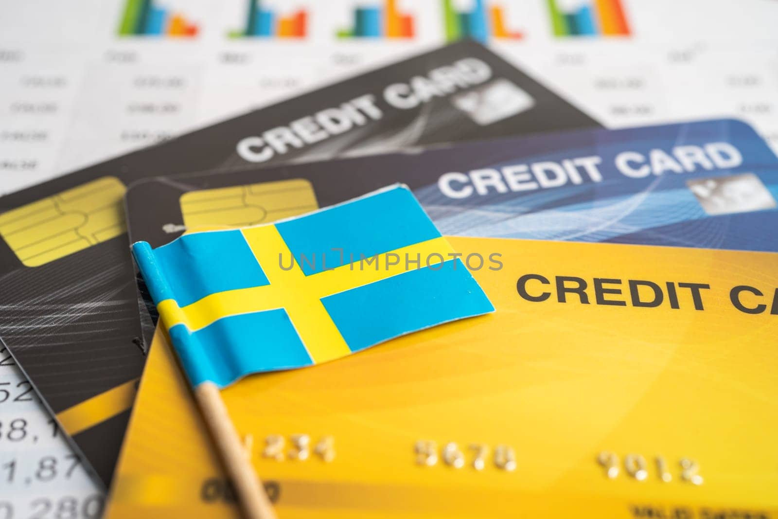 Credit card model with Sweden flag, financial investment economy business banking concept.