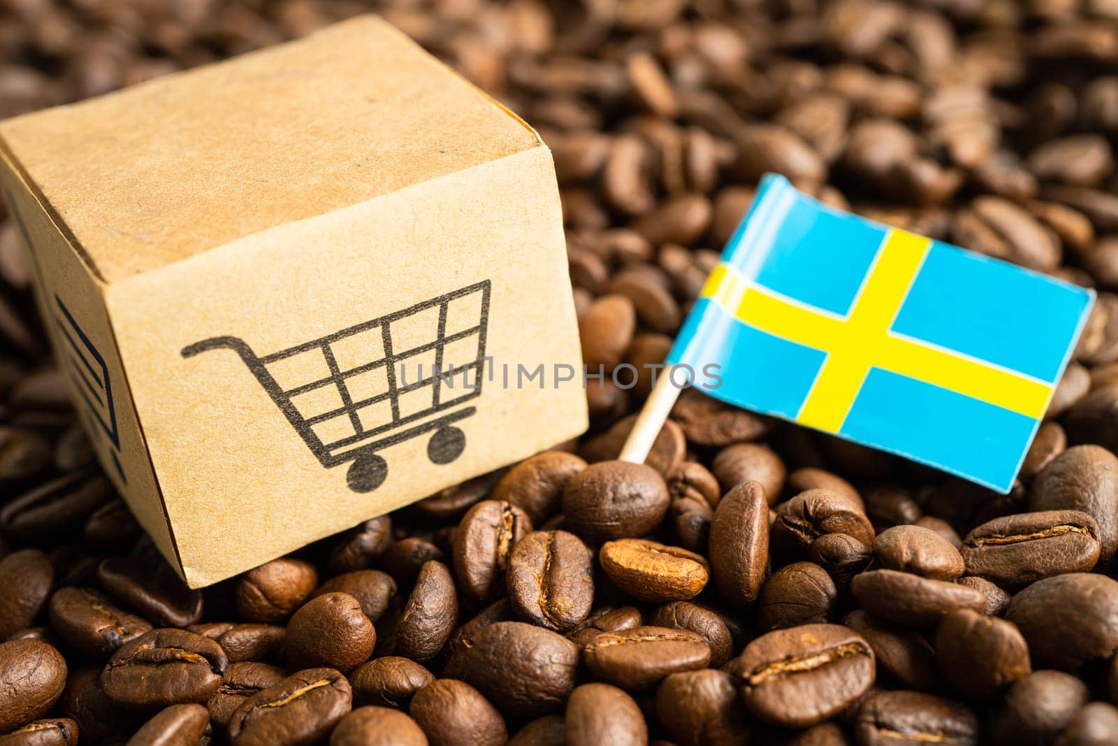 Sweden flag on coffee bean, import export trade online commerce concept. by pamai