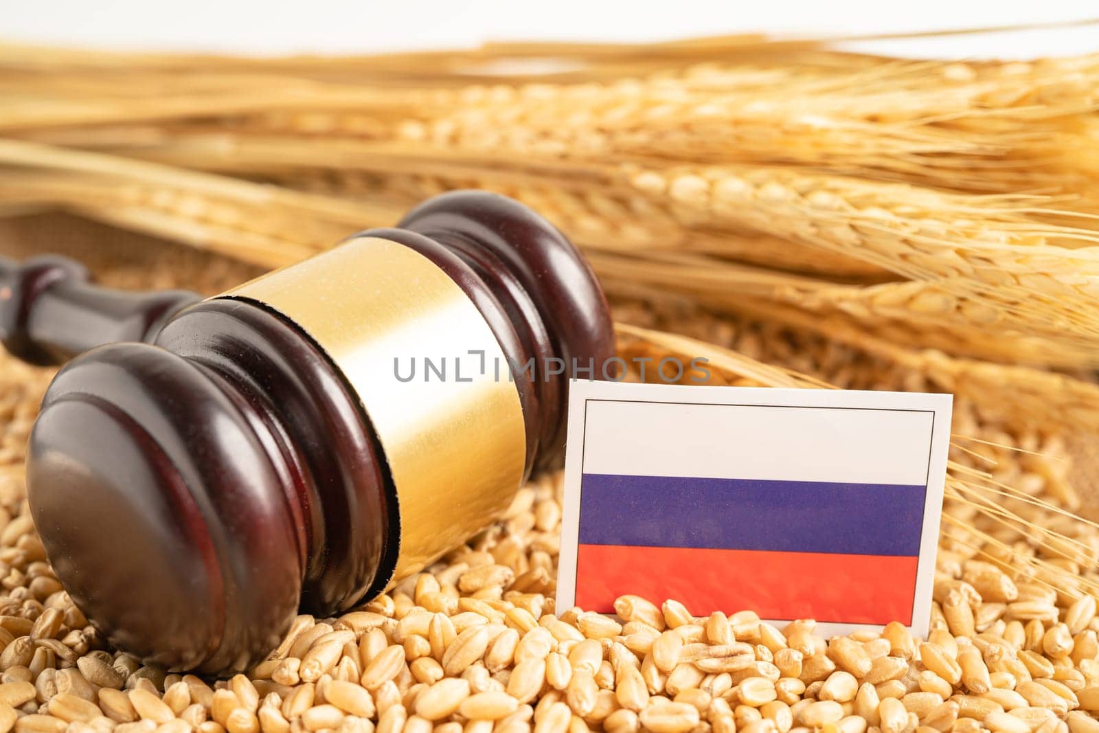 Grains wheat with Russia flag, trade export and economy concept.