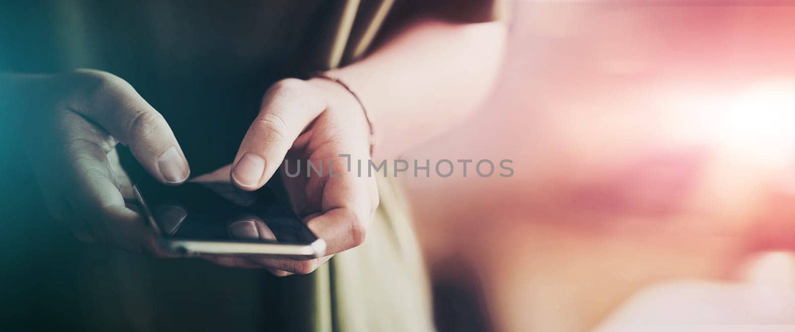 Mockup, hands typing on mobile app and phone for social media, email or internet connection. Technology, communication or networking for woman with smartphone, scroll and online banner space for info.